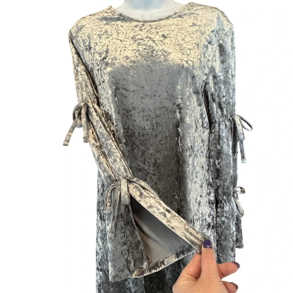 Primark Crushed Velvet Dress Bell Sleeve 8 Silver Whimsigoth Alt Witch Scene NWT